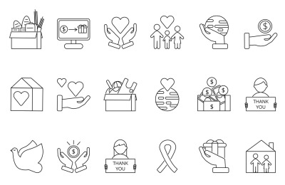 Symbols of volunteers and charities organisations. Monolines icons set