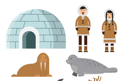 Polar, arctic animals and residents of the north near eskimo ice house