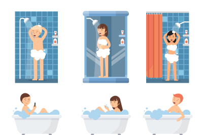 Male and women take a shower in bathroom. Flat illustrations of flat p