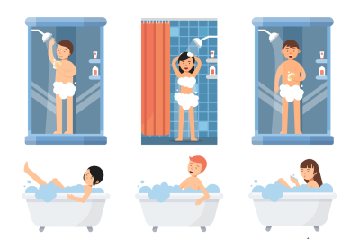 Different funny people take a shower in bathroom. Vector pictures in f