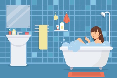 Woman in bathroom. Vector funny characters