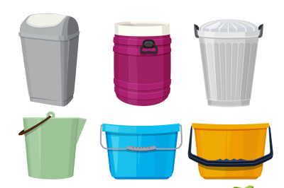 Different containers and buckets. Vector illustrations in cartoon styl