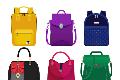 Cartoon illustrations of women handbags. Fashion pictures set isolate