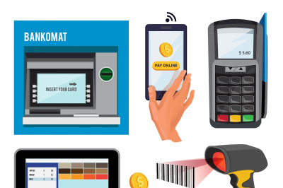 Vector illustrations of bankomat and terminal for credit cards payment