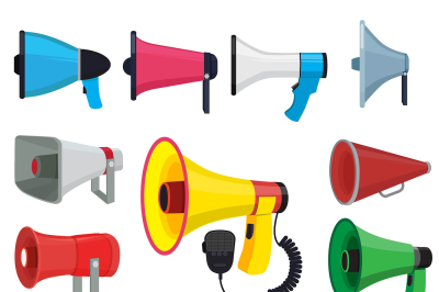 Symbols for promotion and announce. Vector pictures of loud speakers