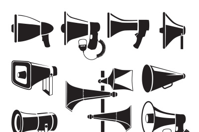 Set monochrome pictures of megaphones. Vector symbols of advertising