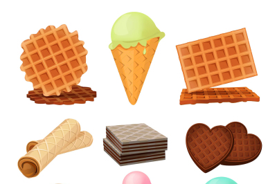 Waffels desserts. Set of vector pictures isolate