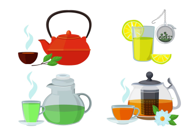 Illustrations of cups and kettles for different types of tea