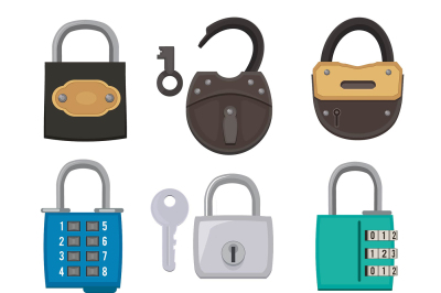 Different types of antique padlocks isolate on white. Safeguard concep