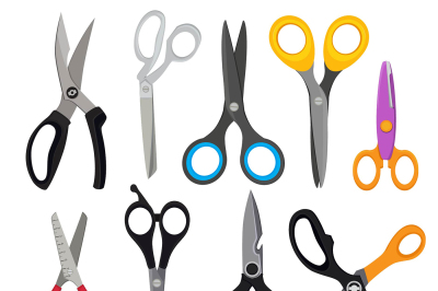 Illustrations of colored scissors. Vector pictures set in flat style