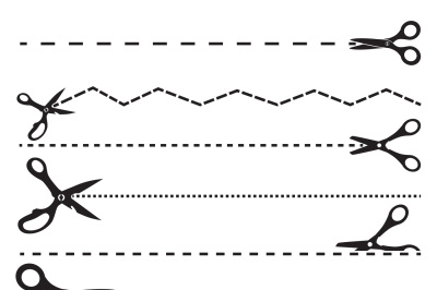 Pictures with scissors and cutting lines. Tools for design templates