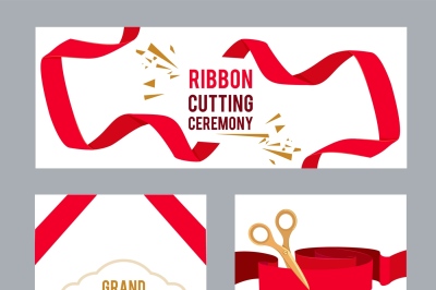 Banners set with pictures with red ribbons for ceremony