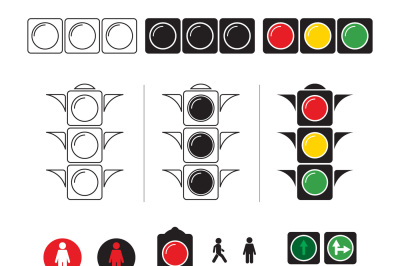 Set stylized illustrations of traffic light with symbols