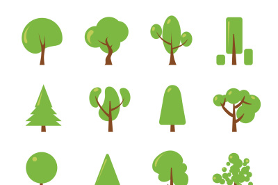 Ecology illustrations set. Flat pictures of green tree