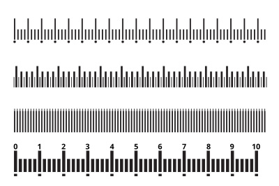 Monochrome picture of size indicators. Illustrations in different styl