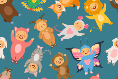 Seamless pattern with illustrations of kids in carnival costumes