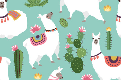 Textile fabric seamless patterns with illustrations of llama and cactu