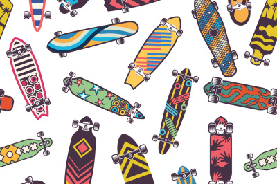 Colored seamless pattern with various skateboards