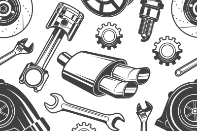 Monochrome seamless pattern with automobile tools and details