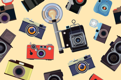 Cartoon seamless pattern with illustrations of retro photo cameras