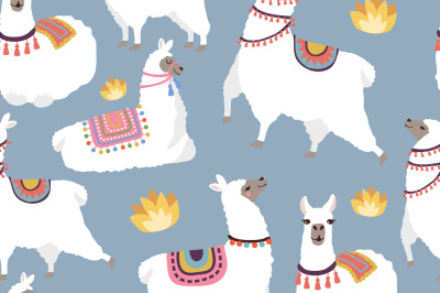 Colored illustrations for textile pattern with illustration of llamas