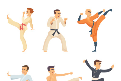 Sport fighters in action poses. Cartoon characters isolate on white ba