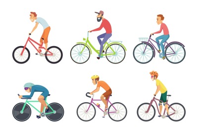 Set of bicycle sportsmen. Cartoon characters driving various bikes