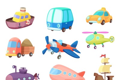 Cartoon illustrations of various transportation. Airplanes&2C; ship&2C; cars