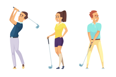 Sport characters and various tools for golf players. Vector cartoon ma