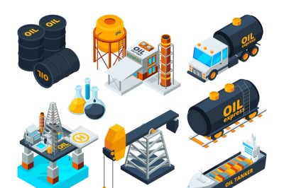 Oil and gas petroleum refining. Isometric pictures set