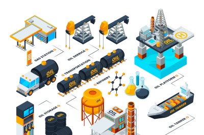 Visualization of all stages of oil production. Isometric pictures