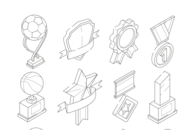 Linear isometric icon set of various sport trophies