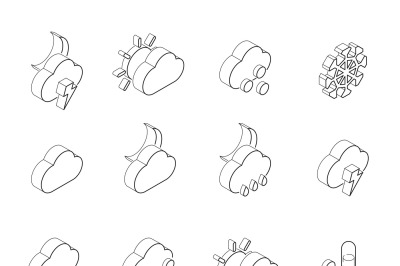 Linear illustrations of weather symbols. Isometric icons set isolate o