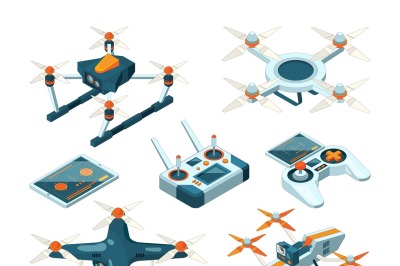 Isometric 3d pictures of drone copters, quadcopters or unmanned aircra