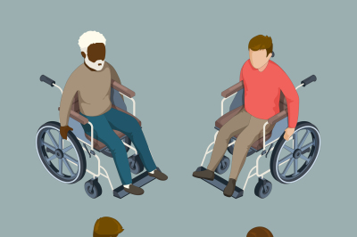 Disabled male and female people setting in wheelchairs. Isolated isome