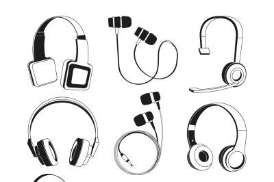 Monochrome illustrations set. Silhouette of headphones