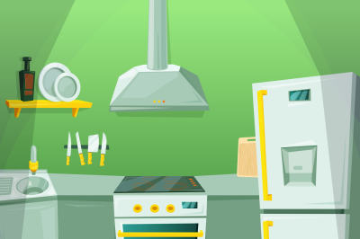 Cartoon pictures of kitchen interior with different furniture items