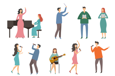 Musician persons in different music duets. Vector characters of singer