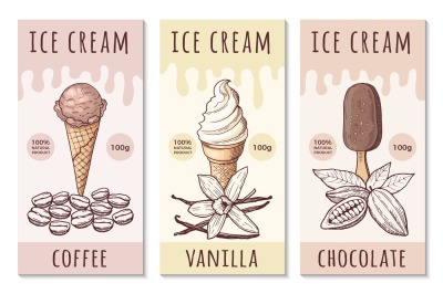 Design template of ice cream labels with hand drawn illustrations