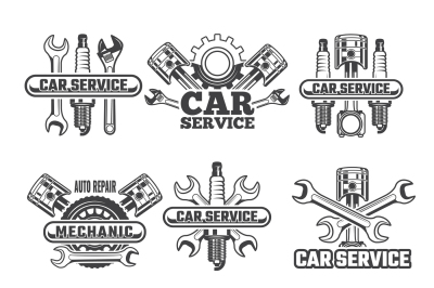 Design template of labels and badges with automobile tools and details