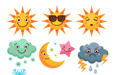 Cartoon weather icons set. Funny pictures isolate on white background