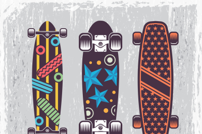 Retro poster with illustrations of colored skateboards