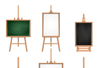 Different colored blank boards standing on easels. Vector pictures iso