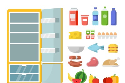 Empty refrigerator and different food. Vector flat illustrations