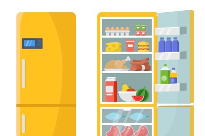 Vector illustrations of empty and closed refrigerator with different h