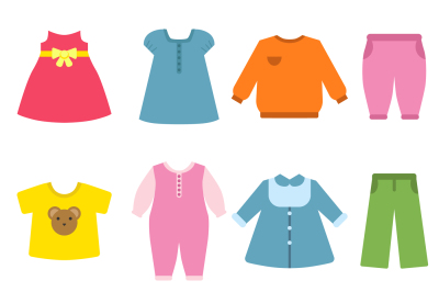 Clothes for childrens. Vector flat illustrations