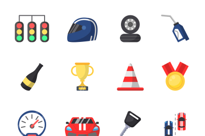 Sport symbols of racing. Car, motor, track and other flat icons