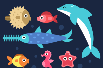 Fishes and others underwater animals. Stylized flat illustrations