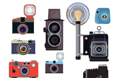 Retro old cameras and symbols for photographers. Vector flat pictures