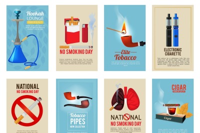 Different vector cards with illustrations of various tools for smokers